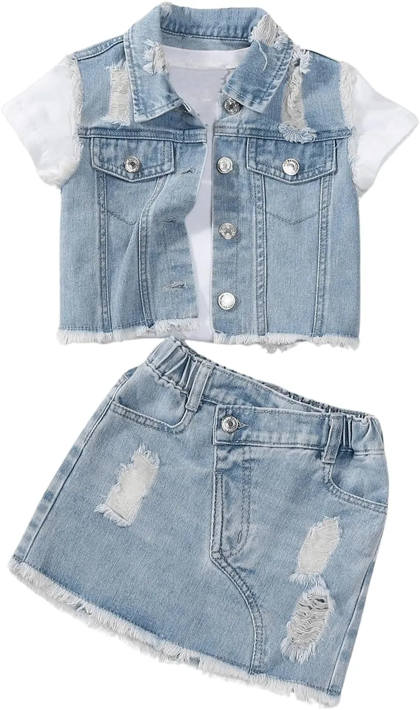 WDIRARA Girl's 2 Piece Outfit Ripped Raw Hem Denim Jacket and Mini Skirt Set