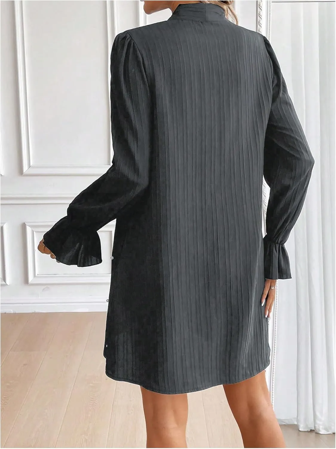 WDIRARA Women's Pearl Decor Flare Long Sleeve Mini Dress Bow Tie Front Dress