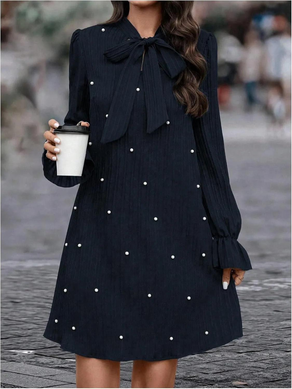 WDIRARA Women's Pearl Decor Flare Long Sleeve Mini Dress Bow Tie Front Dress