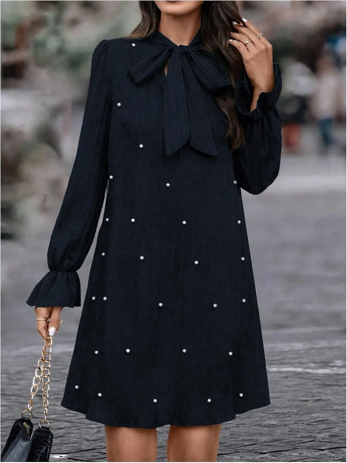 WDIRARA Women's Pearl Decor Flare Long Sleeve Mini Dress Bow Tie Front Dress