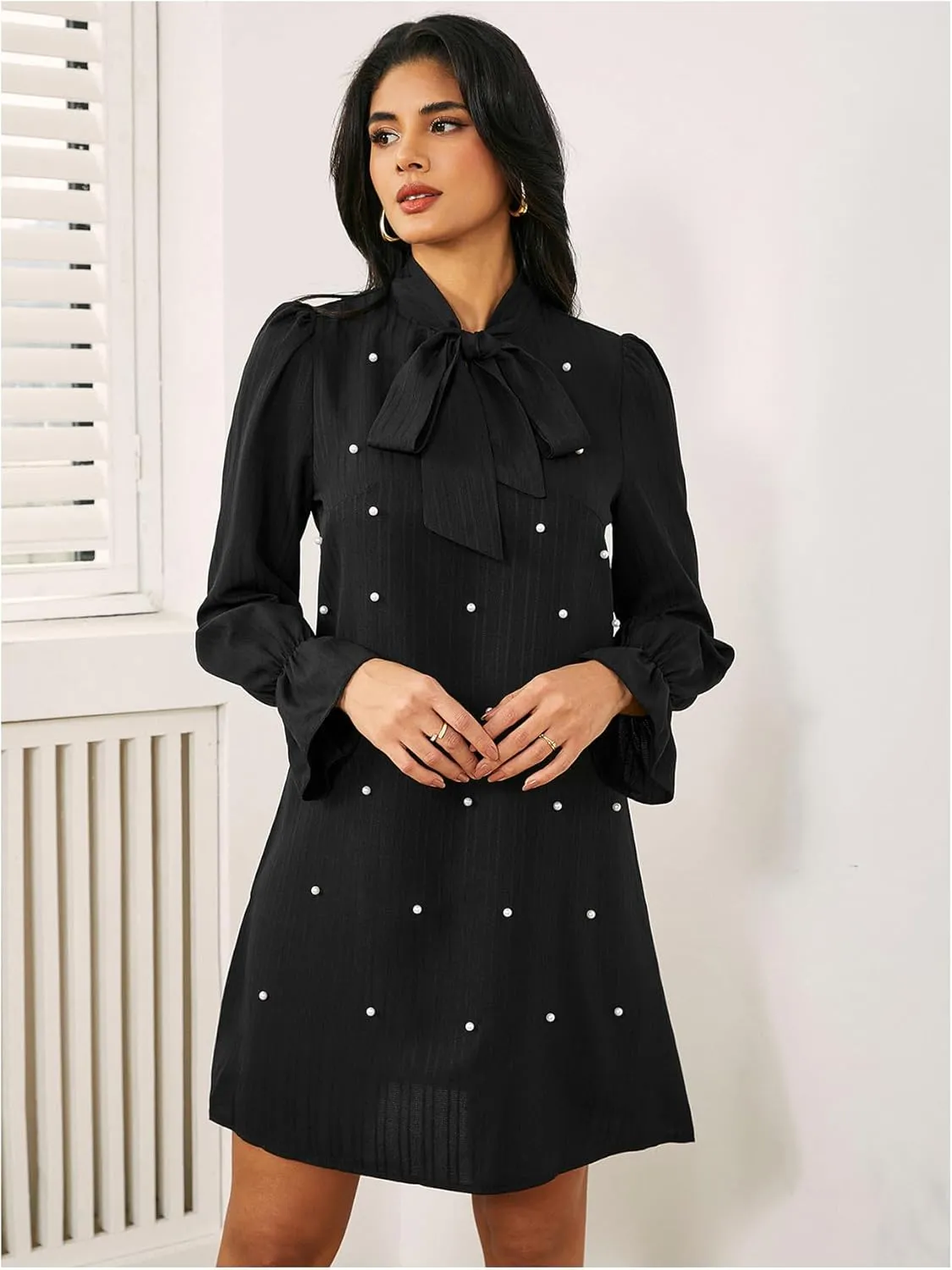 WDIRARA Women's Pearl Decor Flare Long Sleeve Mini Dress Bow Tie Front Dress