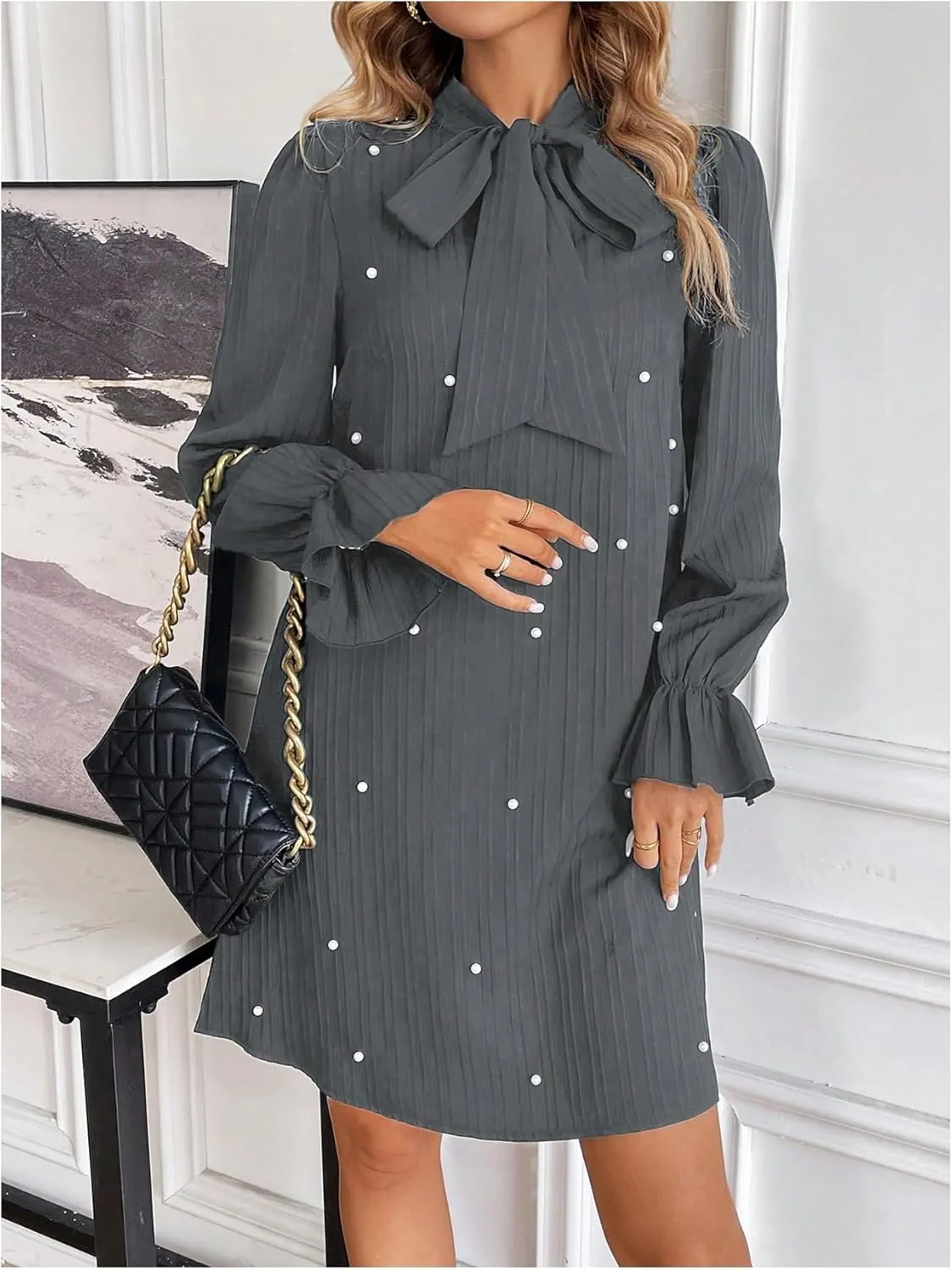 WDIRARA Women's Pearl Decor Flare Long Sleeve Mini Dress Bow Tie Front Dress
