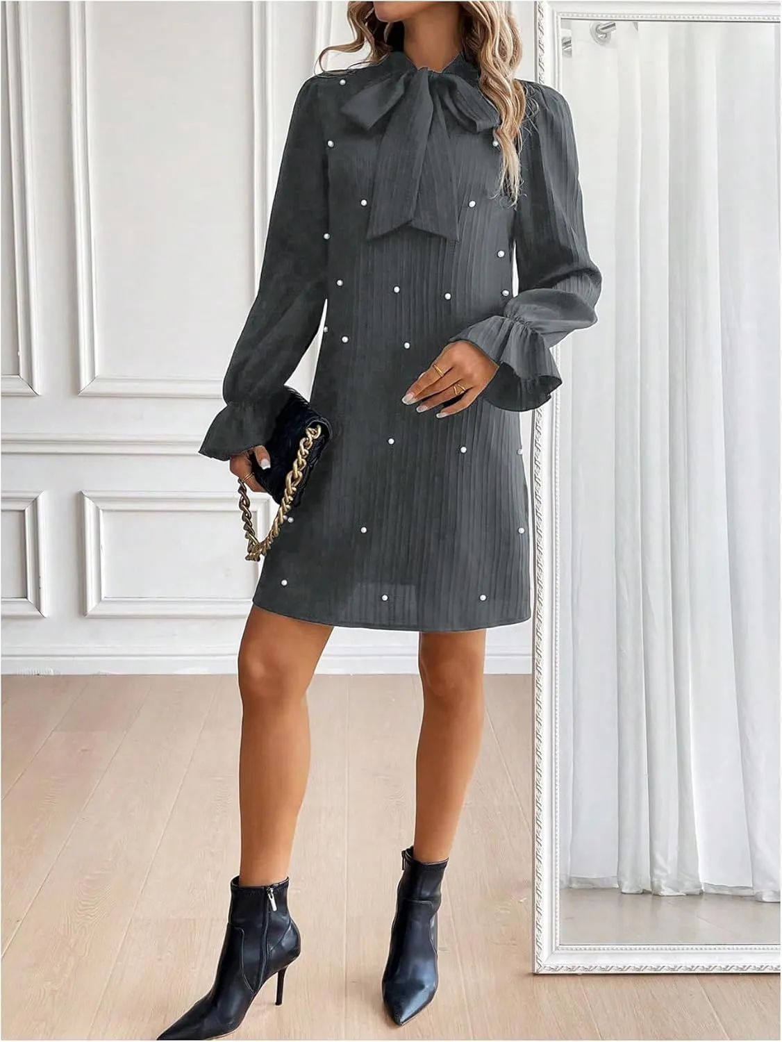 WDIRARA Women's Pearl Decor Flare Long Sleeve Mini Dress Bow Tie Front Dress
