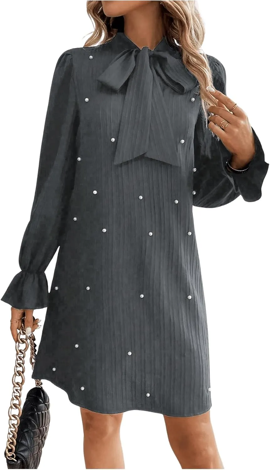 WDIRARA Women's Pearl Decor Flare Long Sleeve Mini Dress Bow Tie Front Dress