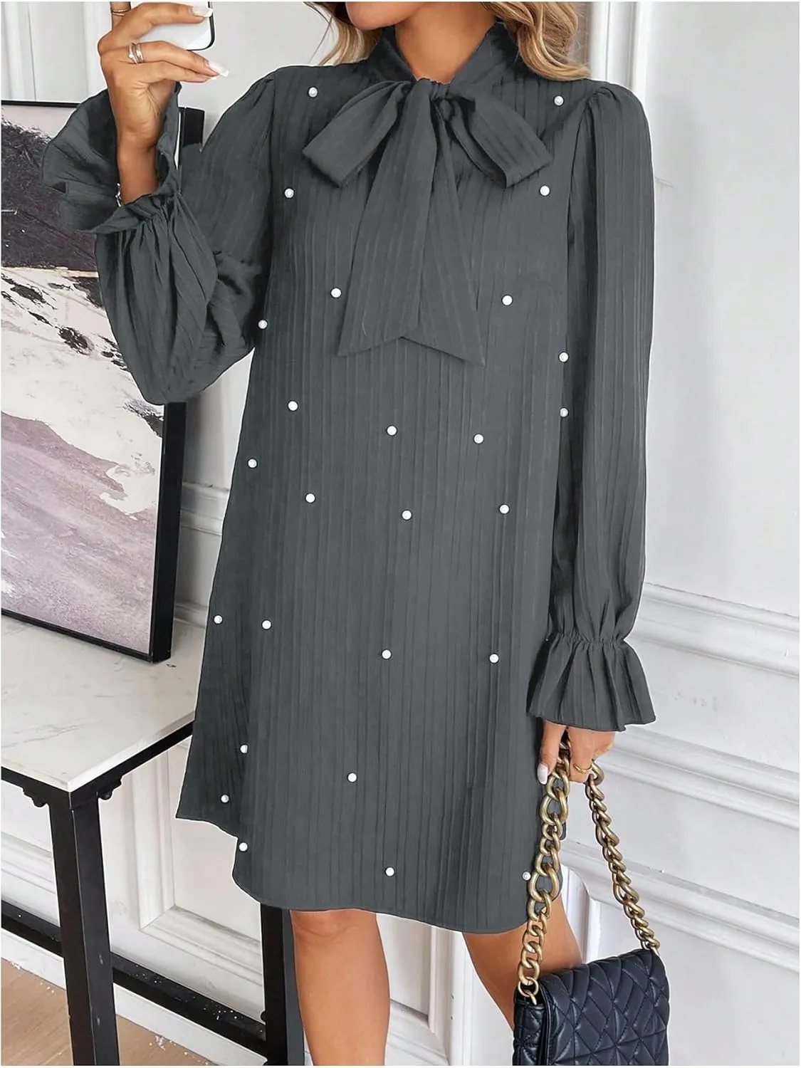 WDIRARA Women's Pearl Decor Flare Long Sleeve Mini Dress Bow Tie Front Dress