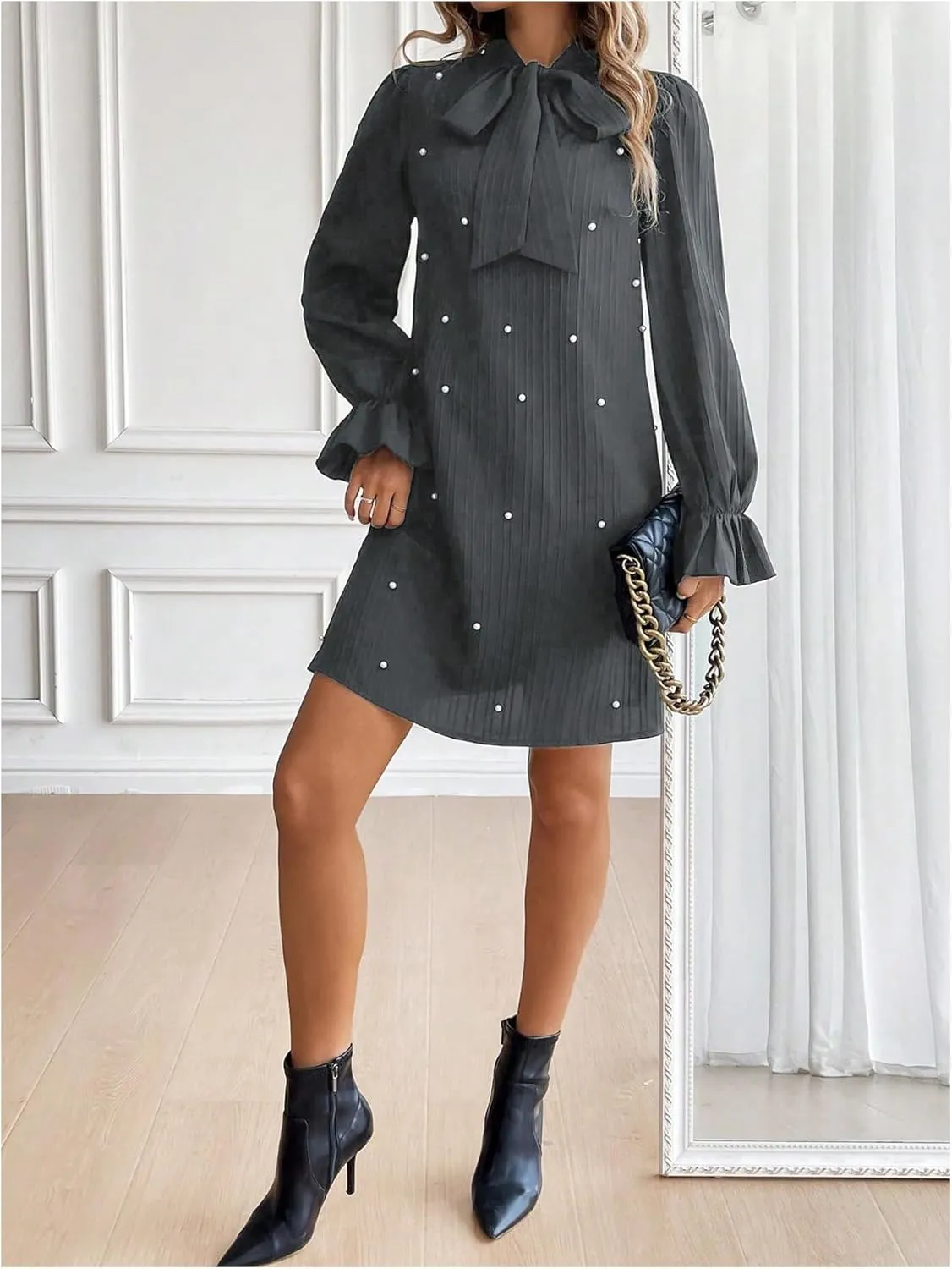 WDIRARA Women's Pearl Decor Flare Long Sleeve Mini Dress Bow Tie Front Dress
