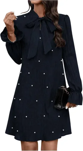 WDIRARA Women's Pearl Decor Flare Long Sleeve Mini Dress Bow Tie Front Dress