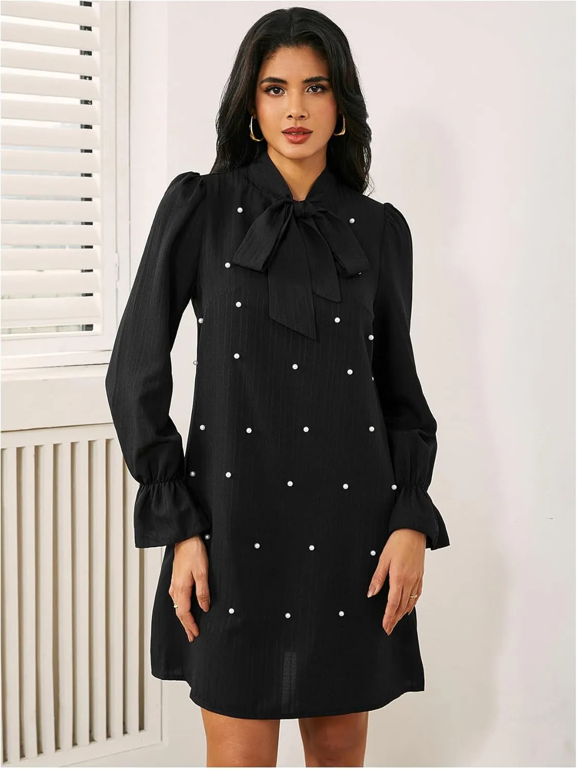 WDIRARA Women's Pearl Decor Flare Long Sleeve Mini Dress Bow Tie Front Dress