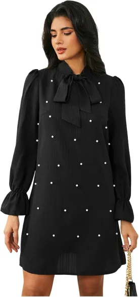 WDIRARA Women's Pearl Decor Flare Long Sleeve Mini Dress Bow Tie Front Dress