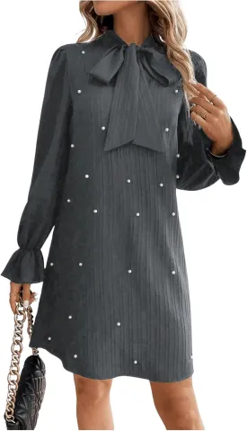 WDIRARA Women's Pearl Decor Flare Long Sleeve Mini Dress Bow Tie Front Dress