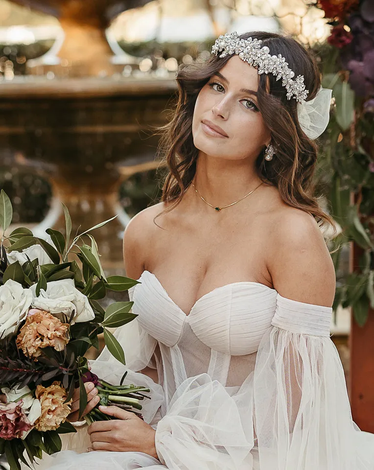 wedding and bridal headpiece - embellished crystal garland band with tulle bow - Titania by Kezani - BUY or HIRE