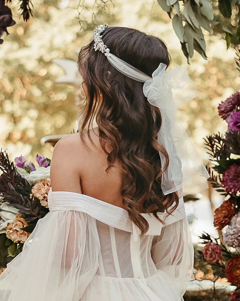 wedding and bridal headpiece - embellished crystal garland band with tulle bow - Titania by Kezani - BUY or HIRE