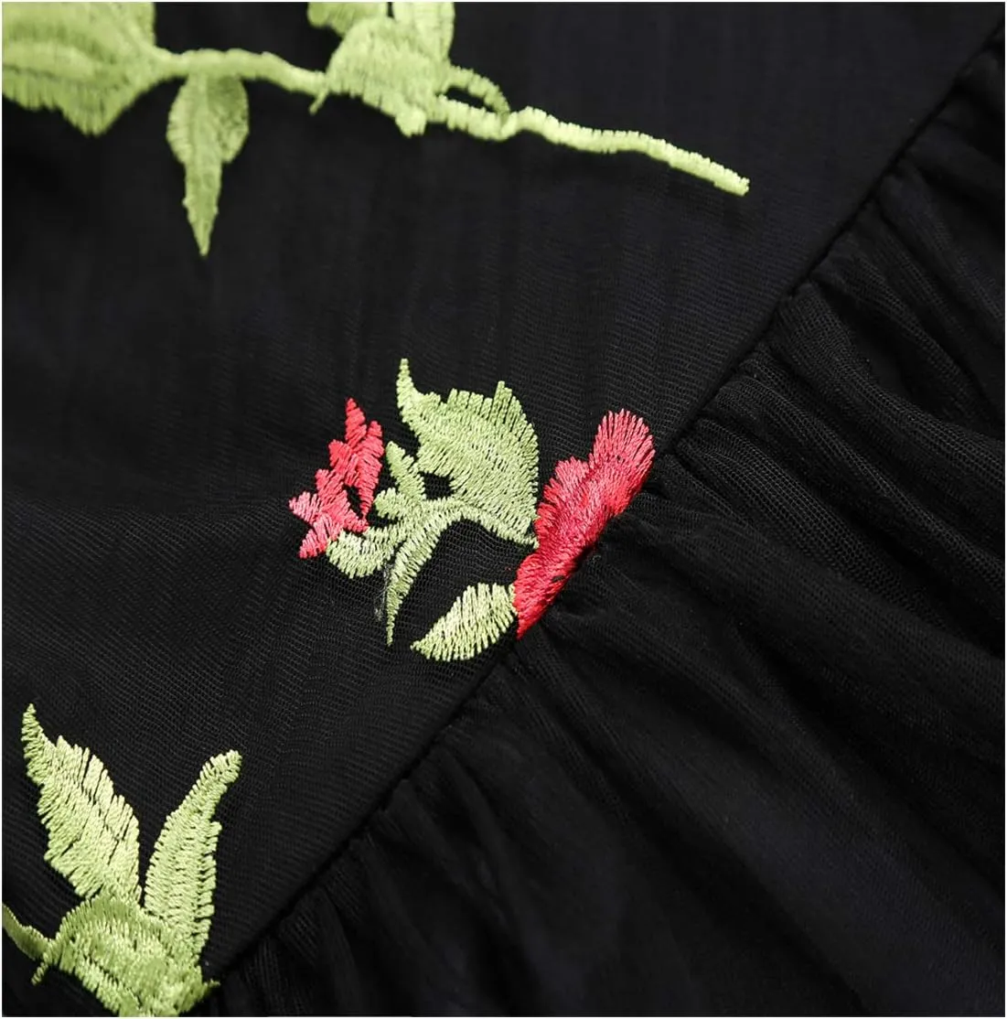 Women Vintage 1950s Embroidered Off Shoulder 3/4 Sleeves Flower Rose Wedding Cocktail Party Swing Gatsby Evening Short Gown