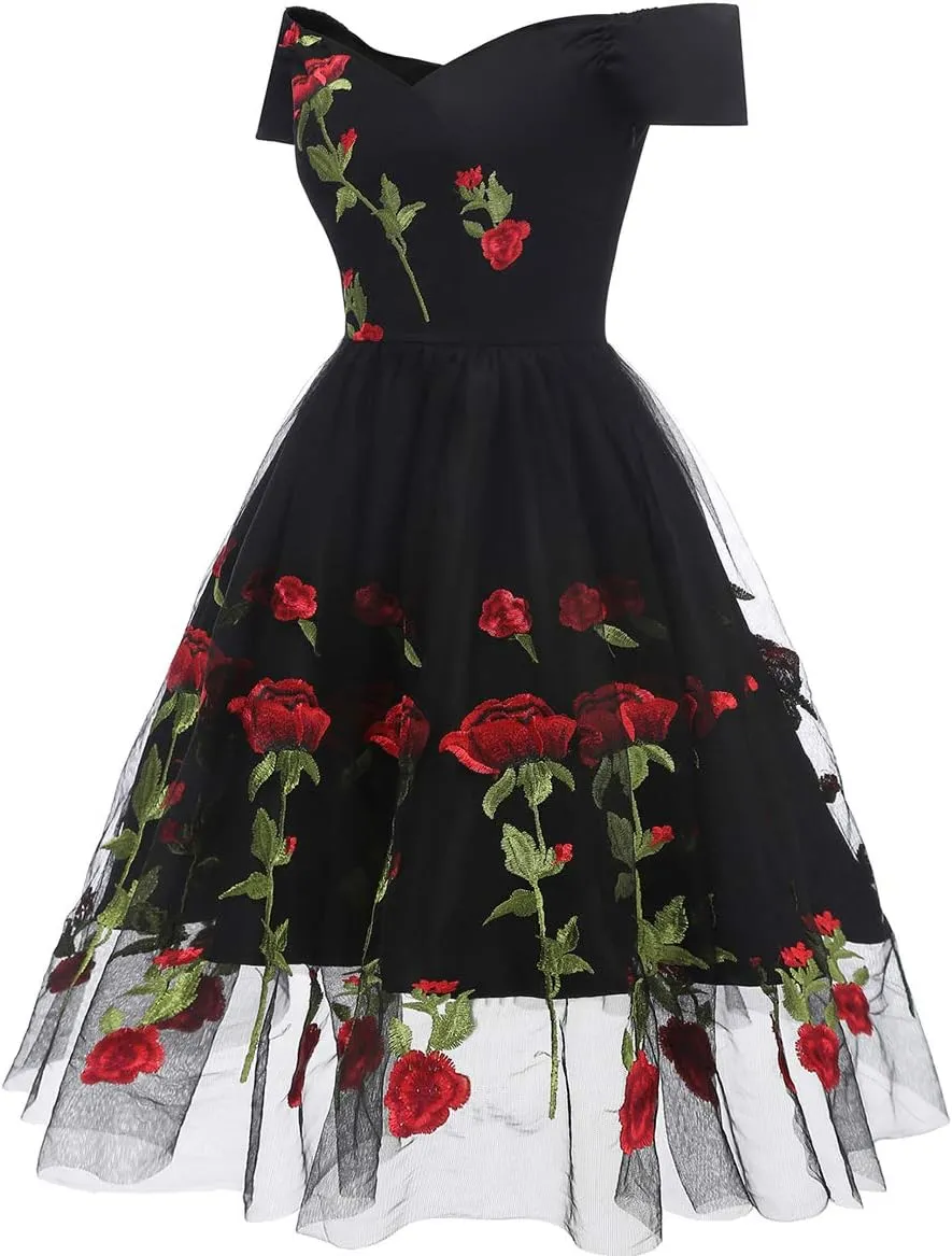 Women Vintage 1950s Embroidered Off Shoulder 3/4 Sleeves Flower Rose Wedding Cocktail Party Swing Gatsby Evening Short Gown