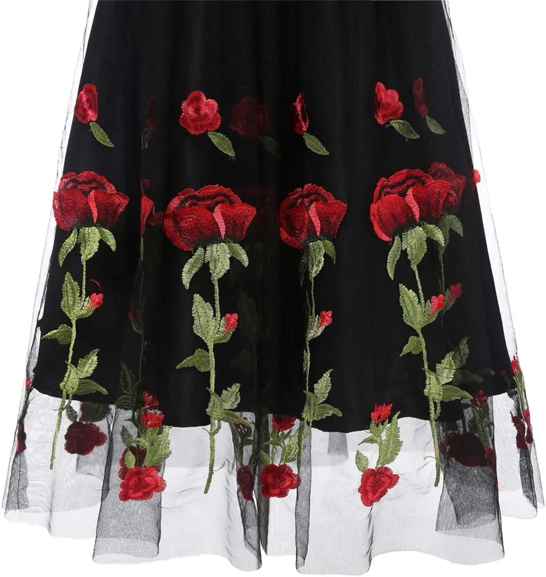 Women Vintage 1950s Embroidered Off Shoulder 3/4 Sleeves Flower Rose Wedding Cocktail Party Swing Gatsby Evening Short Gown