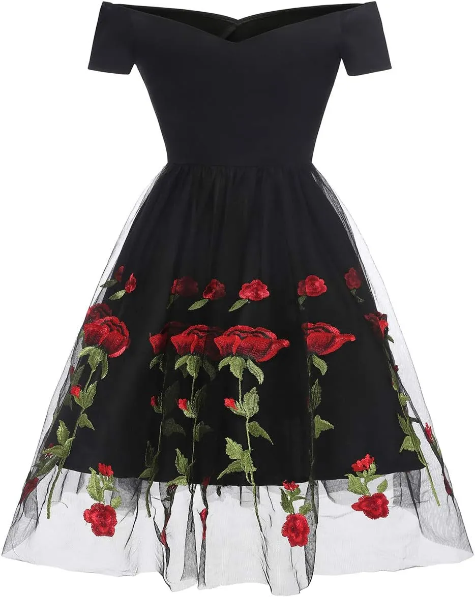 Women Vintage 1950s Embroidered Off Shoulder 3/4 Sleeves Flower Rose Wedding Cocktail Party Swing Gatsby Evening Short Gown