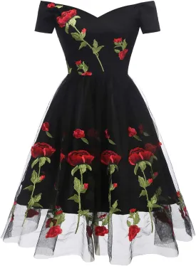 Women Vintage 1950s Embroidered Off Shoulder 3/4 Sleeves Flower Rose Wedding Cocktail Party Swing Gatsby Evening Short Gown