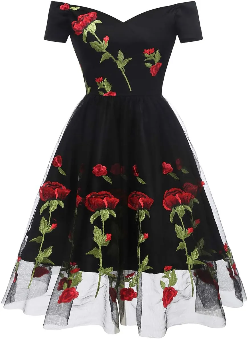 Women Vintage 1950s Embroidered Off Shoulder 3/4 Sleeves Flower Rose Wedding Cocktail Party Swing Gatsby Evening Short Gown