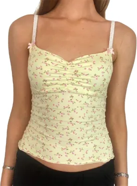 Women Y2k Floral Print Cami Top Fairy Cute Bow Low Cut Ruched Spaghetti Strap Sleeveless Crop Tank Top Streetwear