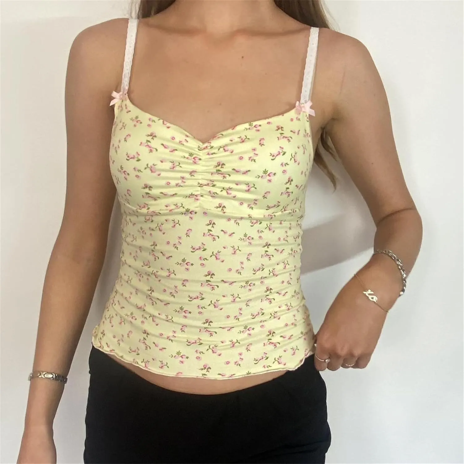 Women Y2k Floral Print Cami Top Fairy Cute Bow Low Cut Ruched Spaghetti Strap Sleeveless Crop Tank Top Streetwear