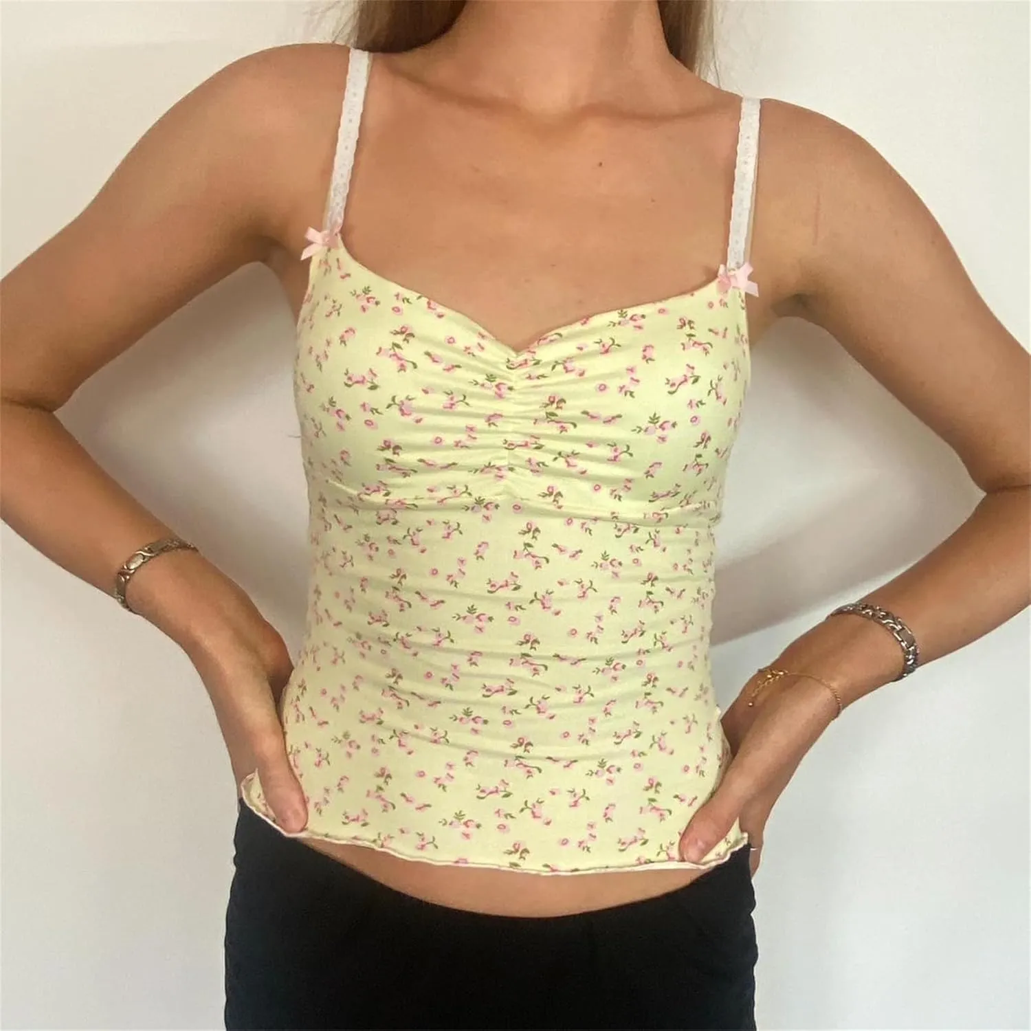 Women Y2k Floral Print Cami Top Fairy Cute Bow Low Cut Ruched Spaghetti Strap Sleeveless Crop Tank Top Streetwear