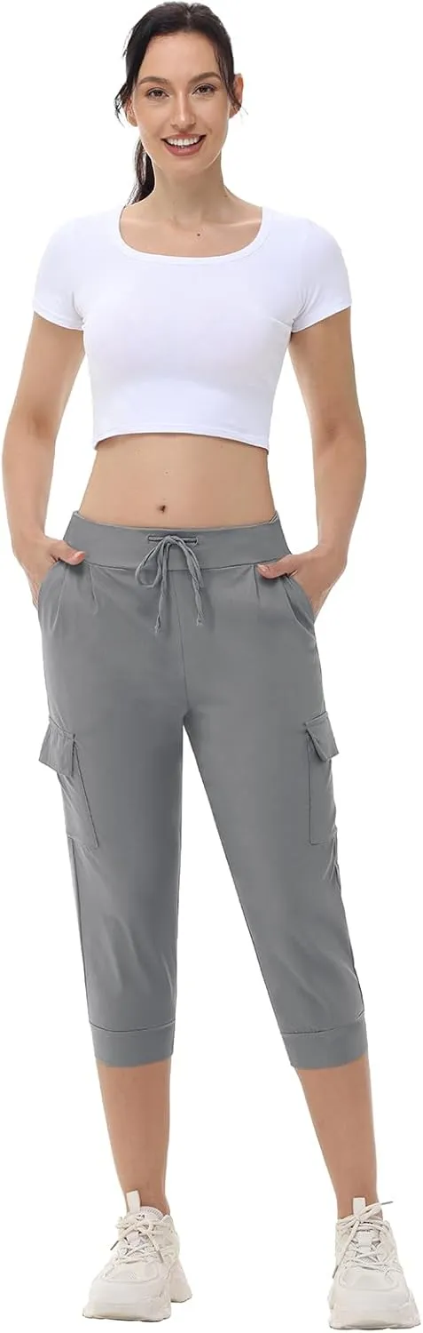 Womens Capri Cargo Joggers Pull on Capris Pants Crop Cropped Golf Pants with Pockets and Drawstring