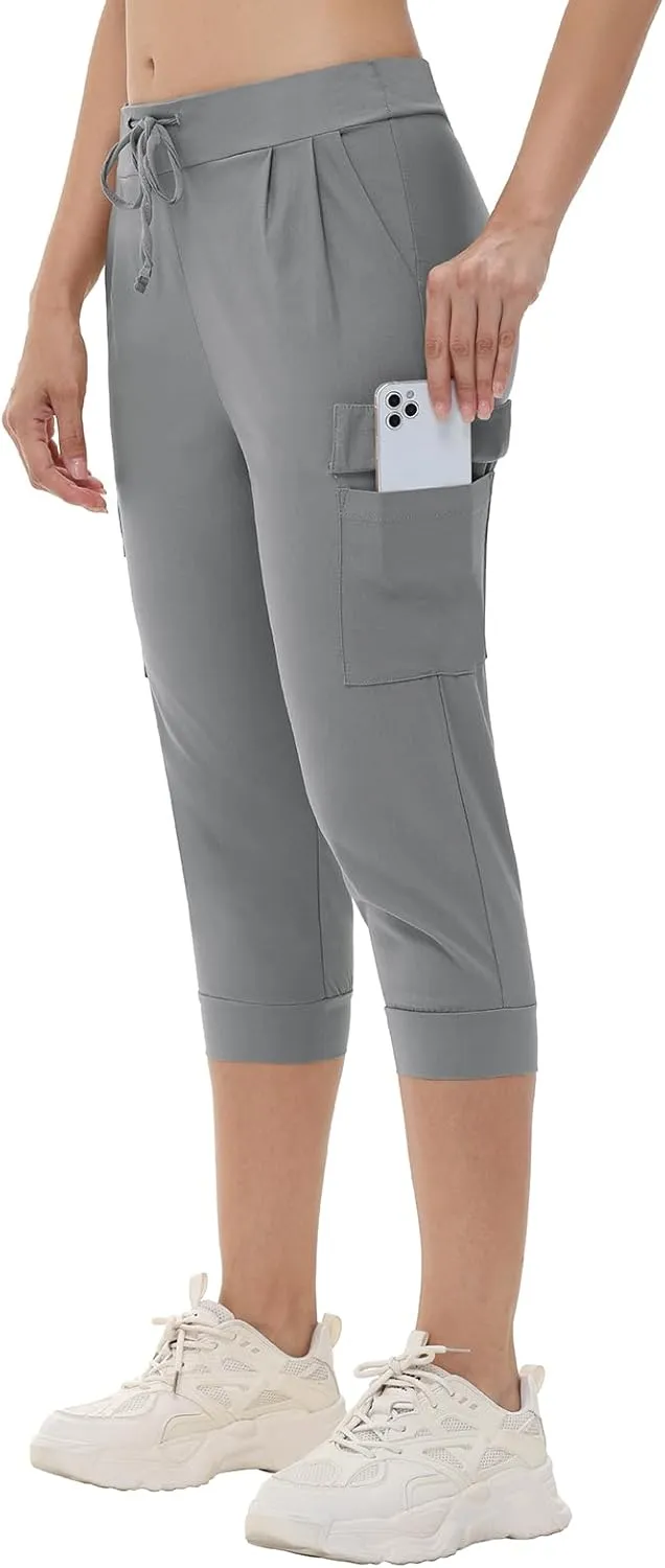 Womens Capri Cargo Joggers Pull on Capris Pants Crop Cropped Golf Pants with Pockets and Drawstring