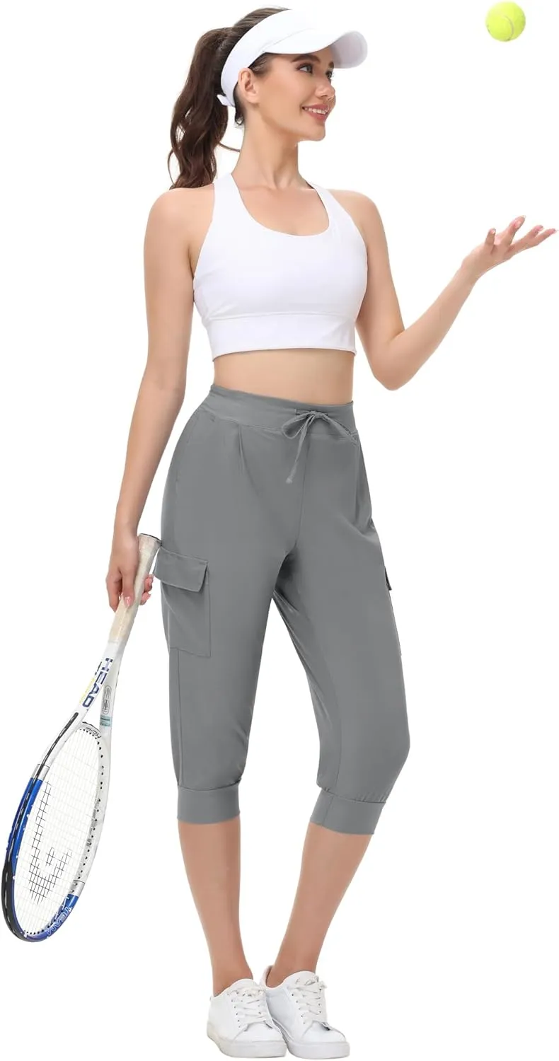 Womens Capri Cargo Joggers Pull on Capris Pants Crop Cropped Golf Pants with Pockets and Drawstring