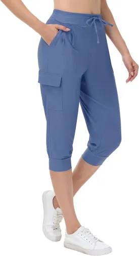 Womens Capri Cargo Joggers Pull on Capris Pants Crop Cropped Golf Pants with Pockets and Drawstring