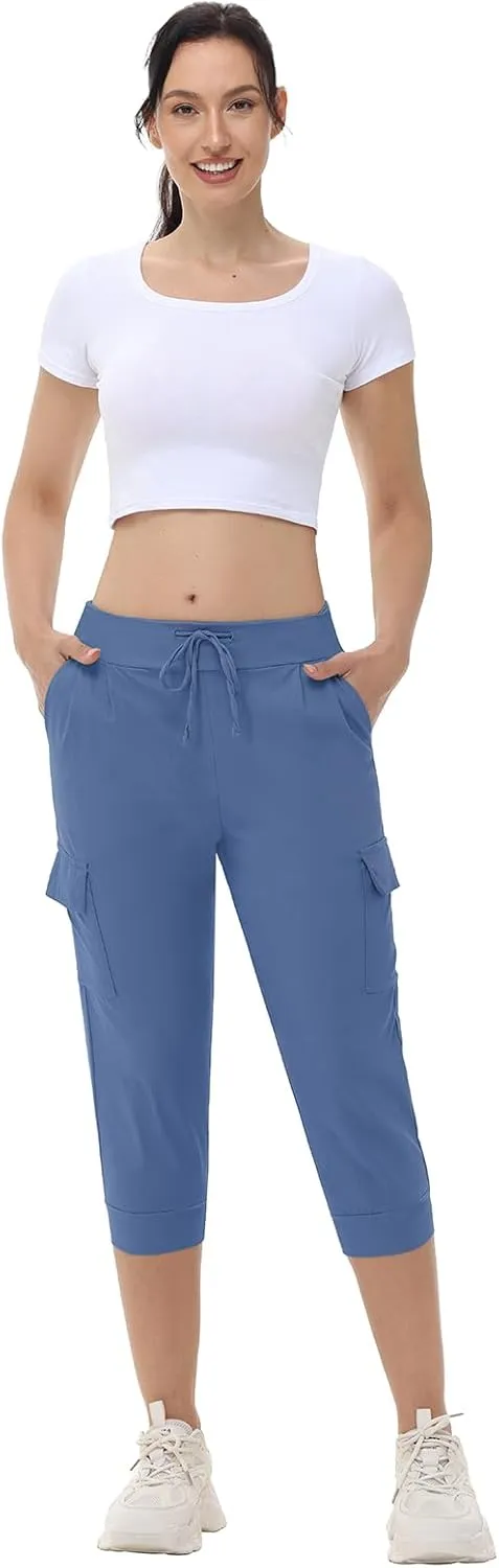 Womens Capri Cargo Joggers Pull on Capris Pants Crop Cropped Golf Pants with Pockets and Drawstring