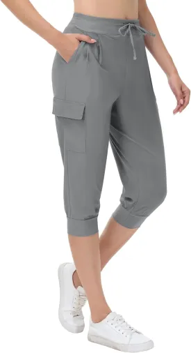 Womens Capri Cargo Joggers Pull on Capris Pants Crop Cropped Golf Pants with Pockets and Drawstring