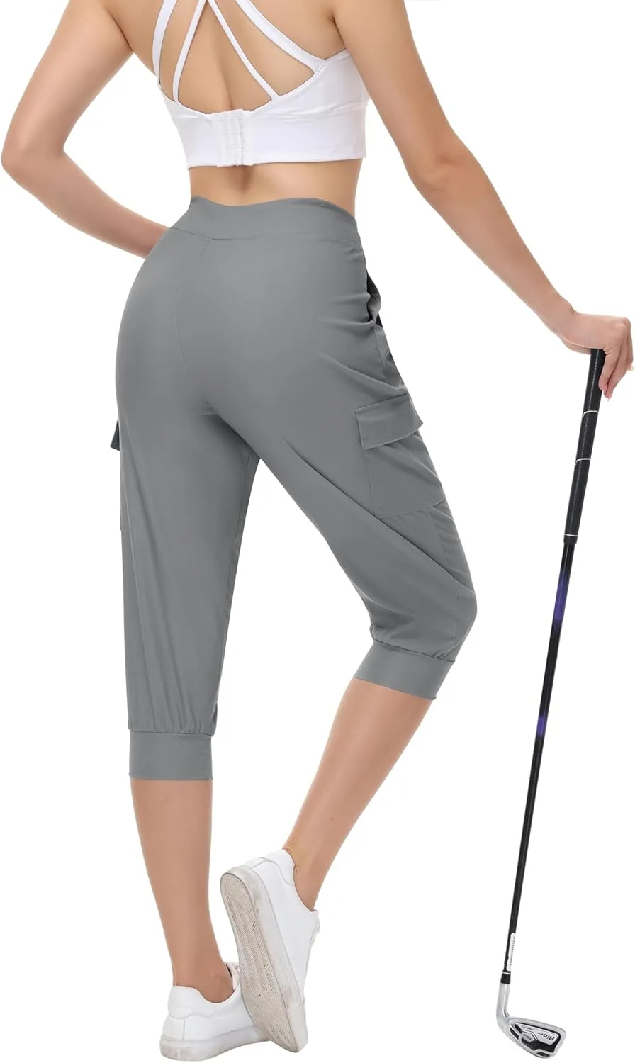 Womens Capri Cargo Joggers Pull on Capris Pants Crop Cropped Golf Pants with Pockets and Drawstring