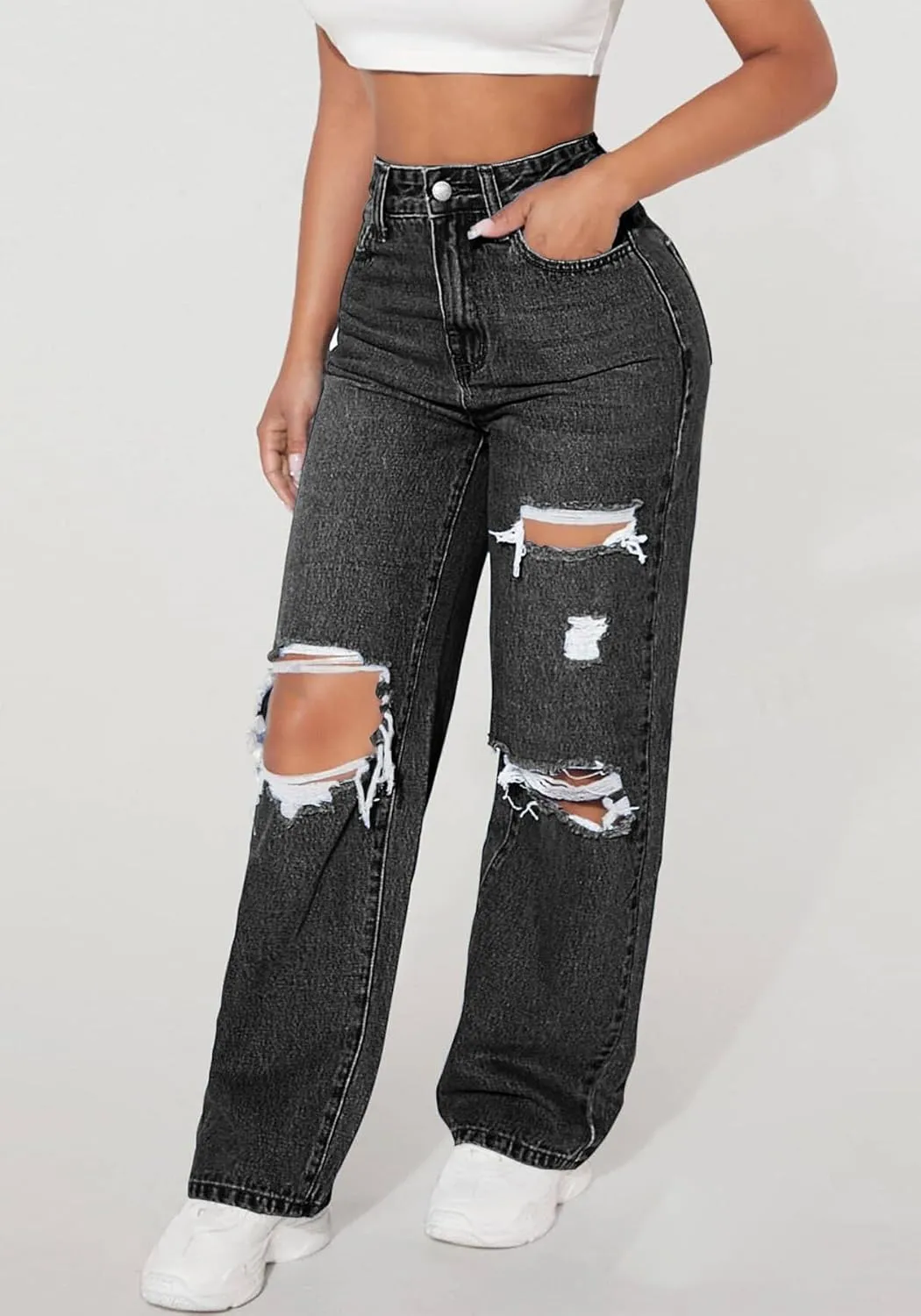 Womens Ripped Jeans Distressed High Waisted Trendy Straight Wide Leg Baggy y2k Denim Pants Streetwear Trouser