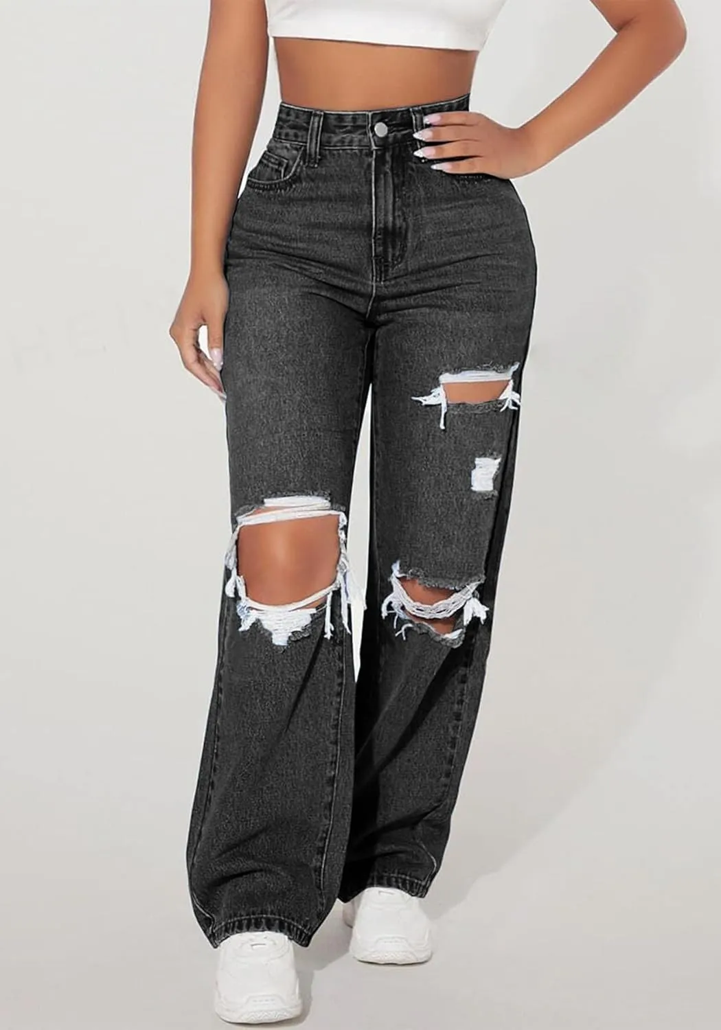 Womens Ripped Jeans Distressed High Waisted Trendy Straight Wide Leg Baggy y2k Denim Pants Streetwear Trouser