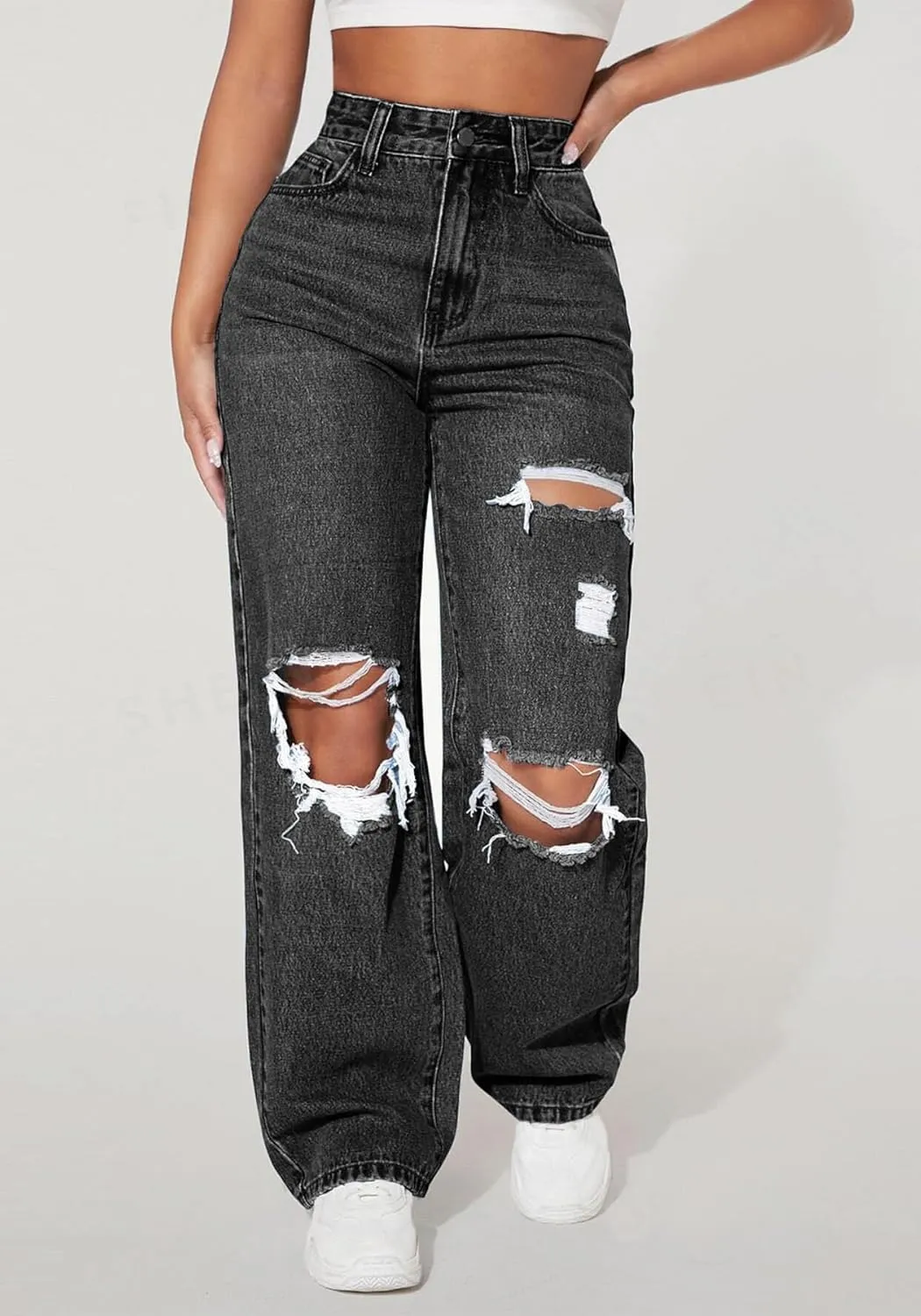 Womens Ripped Jeans Distressed High Waisted Trendy Straight Wide Leg Baggy y2k Denim Pants Streetwear Trouser