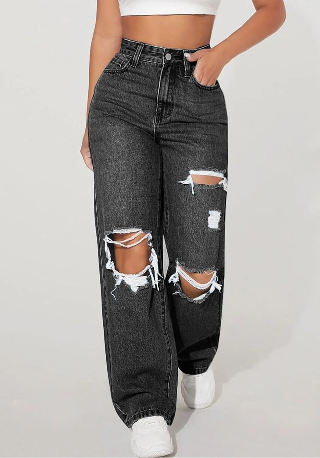 Womens Ripped Jeans Distressed High Waisted Trendy Straight Wide Leg Baggy y2k Denim Pants Streetwear Trouser