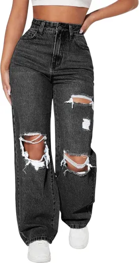 Womens Ripped Jeans Distressed High Waisted Trendy Straight Wide Leg Baggy y2k Denim Pants Streetwear Trouser