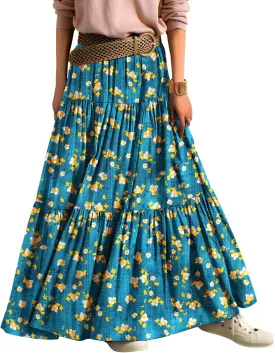 YESNO Women's Summer Boho Floral Maxi Skirts Casual Flowy Tiered A-Line Elastic Waist Skirt with Pockets SK0