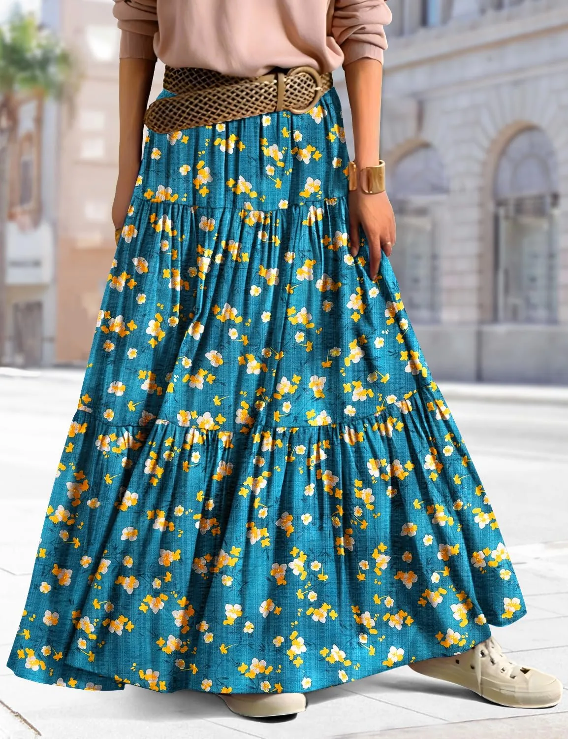 YESNO Women's Summer Boho Floral Maxi Skirts Casual Flowy Tiered A-Line Elastic Waist Skirt with Pockets SK0