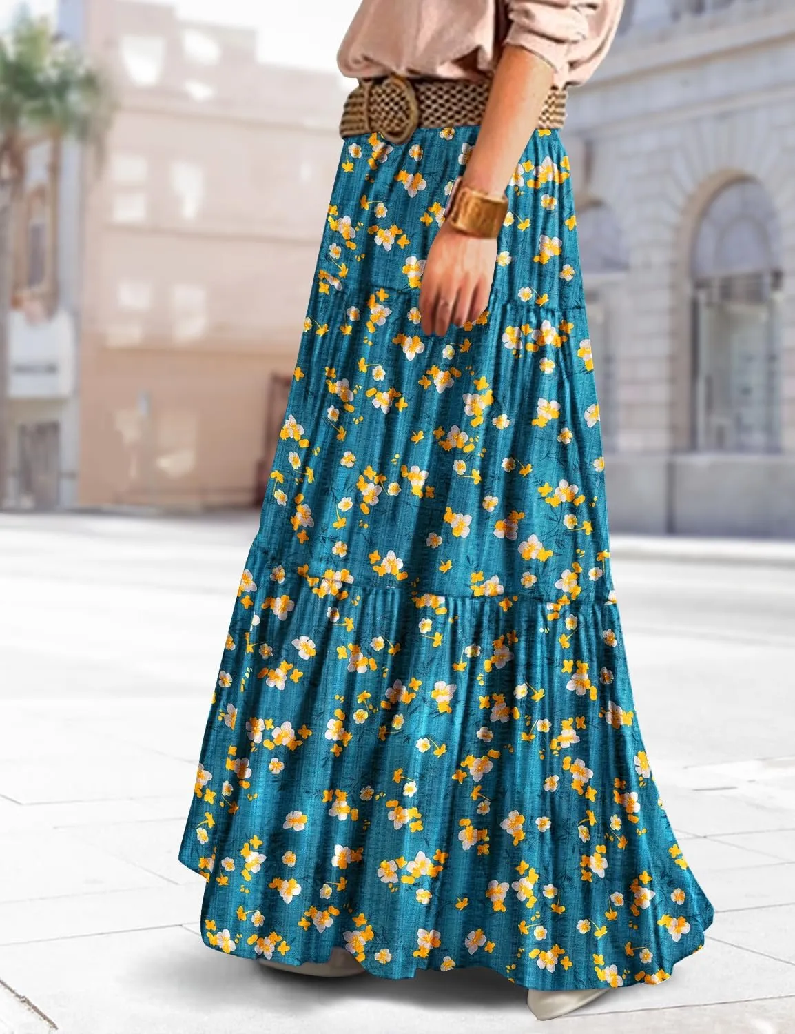 YESNO Women's Summer Boho Floral Maxi Skirts Casual Flowy Tiered A-Line Elastic Waist Skirt with Pockets SK0
