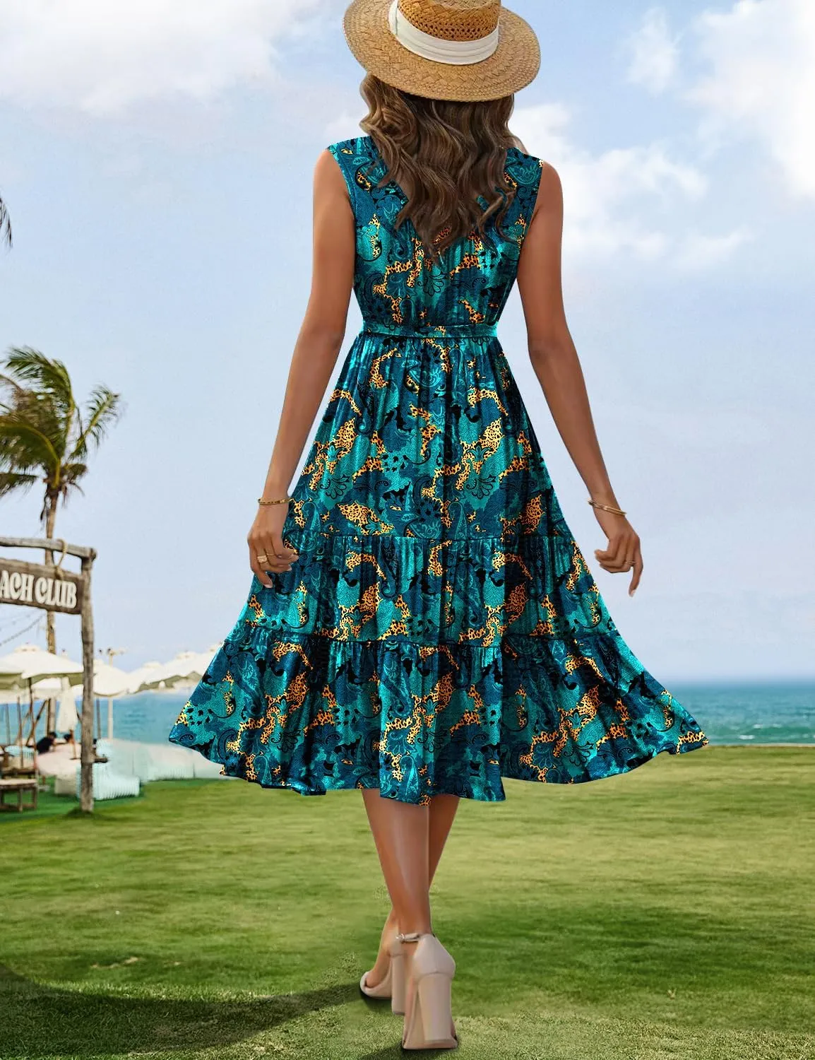 YESNO Women's Summer Casual Sleeveless Midi Dresses Boho Floral Tiered Sundresses with Pockets EMV